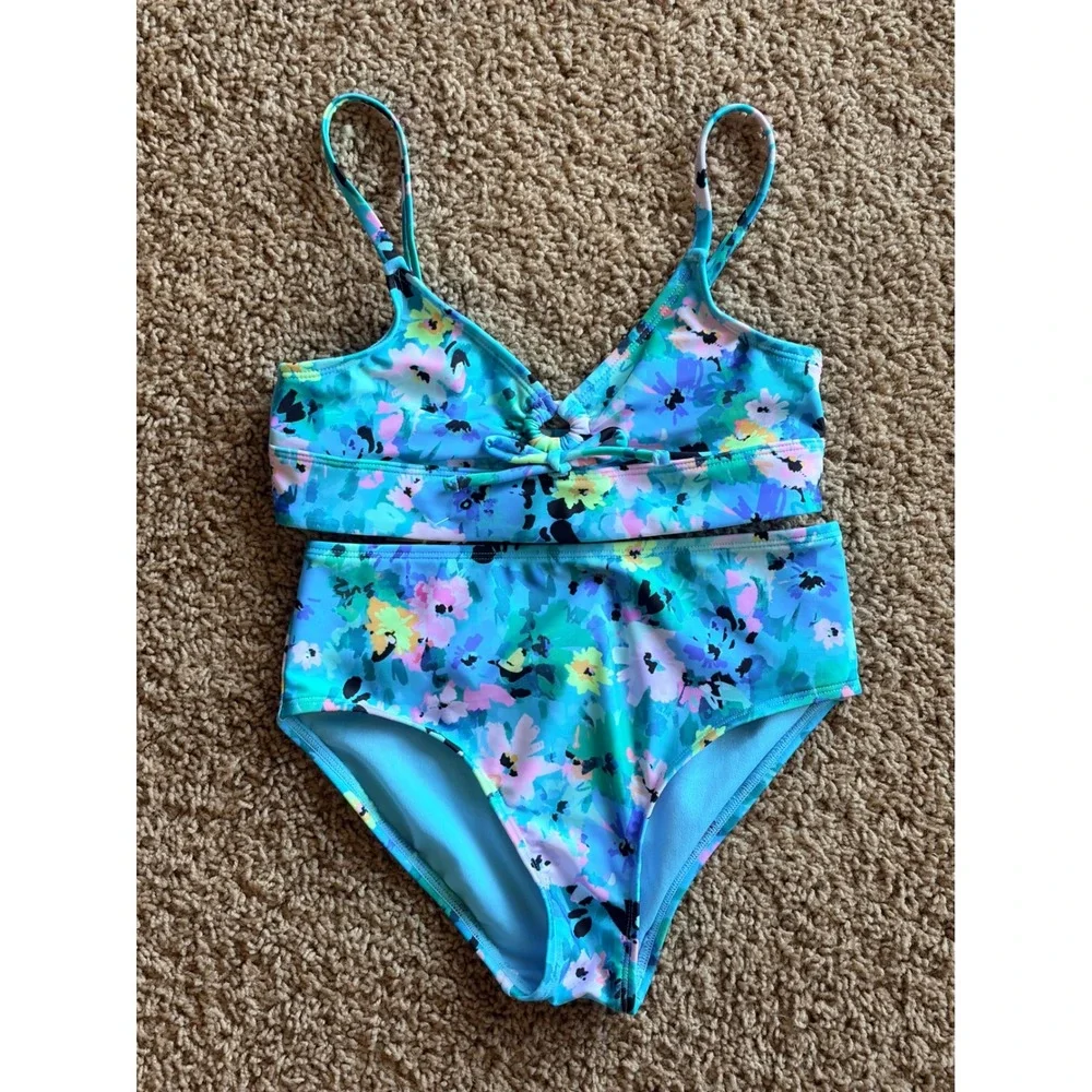 Art Class Blue Watercolor Floral Bikini Swim Bathing Suit Medium Girls 8 NEW WNT